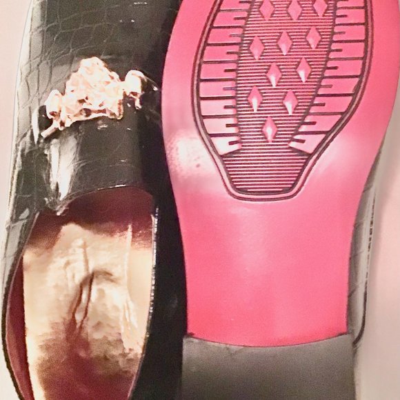 New Mens Lizard Print Black Shoes With Gold Buckle